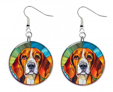 Stained Glass Printed Beagle Dog Button Earrings Jewelry 1" Dangle MADE IN USA