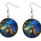 Bee Stained Glass Blue Design, Button Earrings Jewelry 1" Dangle MADE IN USA NEW Bee Stained Glass Blue Design, Button Earrings Jewelry 1" Dangle MADE IN USA NEW