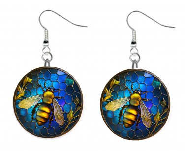 Bee Stained Glass Blue Design, Button Earrings Jewelry 1" Dangle MADE IN USA NEW