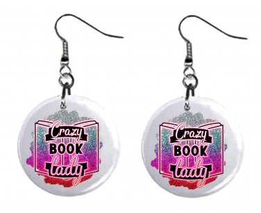 Crazy Book Lady Button Earrings Jewelry 1" Dangle MADE IN USA NEW