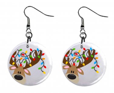 Christmas Peeking Reindeer Button Earrings Jewelry 1" Dangle MADE IN USA NEW
