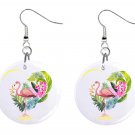 Tropical Pink Flamingo Design, Button Earrings Jewelry 1" Dangle MADE IN USA NEW