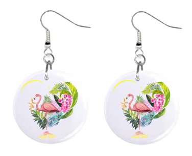 Tropical Pink Flamingo Design, Button Earrings Jewelry 1" Dangle MADE IN USA NEW