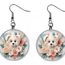 3D Looking White Puppy Button Earrings Jewelry 1" Dangle MADE IN USA NEW