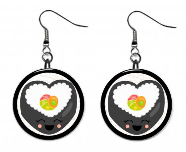 SUSHI Heart Roll Button Earrings Novelty Jewelry 1" Dangle MADE IN USA NEW