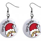 Merry Christmas Peeking Santa, Button Earrings Jewelry 1" Dangle MADE IN USA NEW