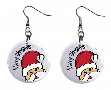 Merry Christmas Peeking Santa, Button Earrings Jewelry 1" Dangle MADE IN USA NEW