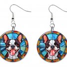 Stained Glass Printed  French Bull Dog Button Earrings Jewelry 1" Dangle USA