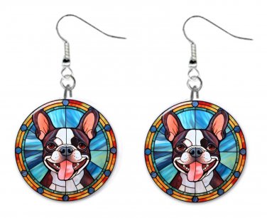 Stained Glass Printed  French Bull Dog Button Earrings Jewelry 1" Dangle USA