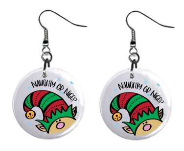 Naughty or Nice Peeking Elf, Button Earrings Jewelry 1" Dangle MADE IN USA NEW