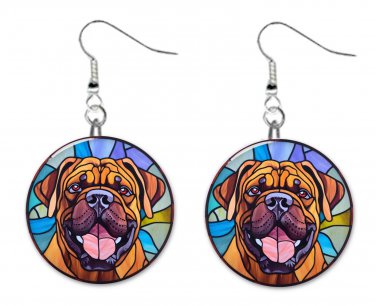 Stained Glass Printed Boxer Dog Button Earrings Jewelry 1" Dangle MADE IN USA