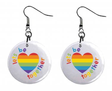 Pride Gay LGBTQ Rainbow Heart Button Earrings Jewelry 1" Dangle MADE IN USA NEW