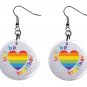Pride Gay LGBTQ Rainbow Heart Button Earrings Jewelry 1" Dangle MADE IN USA NEW