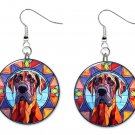 Stained Glass Printed Great Dane Dog Button Earrings Jewelry 1" Dangle USA