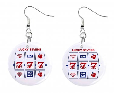 New Slot Machine Lucky 7 1" Round Button Dangle Earrings Jewelry- Casino - NEW