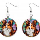 Stained Glass Printed Collie Sheltie Dog Button Earrings Jewelry 1" Dangle USA