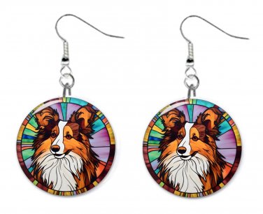 Stained Glass Printed Collie Sheltie Dog Button Earrings Jewelry 1" Dangle USA