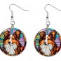 Stained Glass Printed Collie Sheltie Dog Button Earrings Jewelry 1" Dangle USA