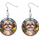 Stained Glass Printed Shih Tzu Dog Button Earrings Jewelry 1" Dangle MADE IN USA