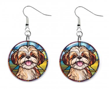 Stained Glass Printed Shih Tzu Dog Button Earrings Jewelry 1" Dangle MADE IN USA