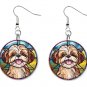 Stained Glass Printed Shih Tzu Dog Button Earrings Jewelry 1" Dangle MADE IN USA