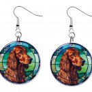 Stained Glass Printed Irish Setter Dog Button Earrings Jewelry 1" Dangle USA