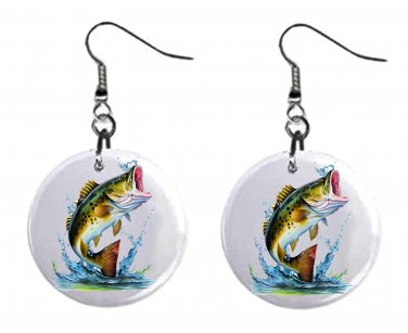 Fishing Fish Design, Button Earrings Jewelry 1" Dangle MADE IN USA NEW