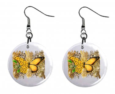 Sunflower w/ Butterfly Button Earrings Jewelry 1" Dangle MADE IN USA NEW