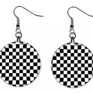 Auto Racing Checkered Flag Button Earrings Jewelry 1" Dangle MADE IN USA NEW