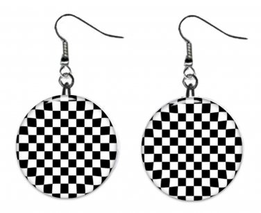 Auto Racing Checkered Flag Button Earrings Jewelry 1" Dangle MADE IN USA NEW