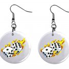 Flaming Dice Gambling Casino Button Earrings Jewelry 1" Dangle MADE IN USA NEW