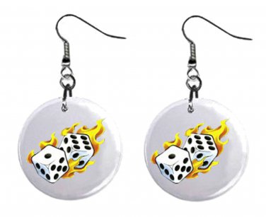 Flaming Dice Gambling Casino Button Earrings Jewelry 1" Dangle MADE IN USA NEW