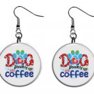 Dog Books Coffee Button Earrings Jewelry 1" Dangle MADE IN USA NEW