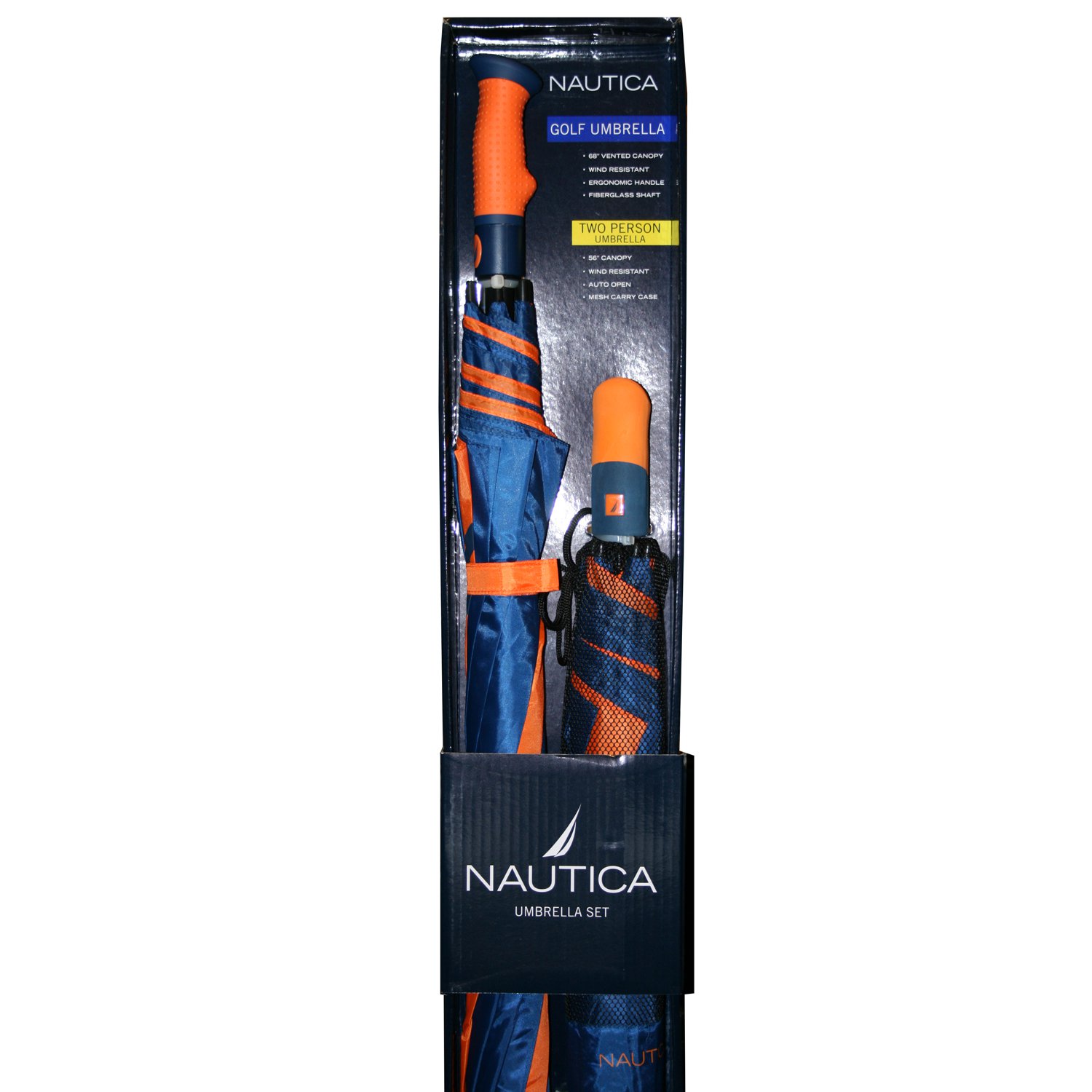 Nautica Golf Umbrella and 2Person Umbrella Set Orange/Blue with Biker