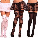 Holiday Women Costume 2 Pairs Thigh High Cute Sexy Black White Fishnet Floral
