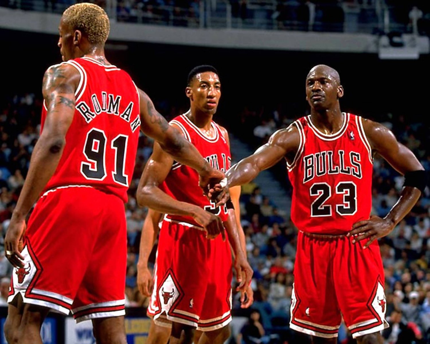 DENNIS RODMAN, SCOTTIE PIPPEN & MICHAEL JORDAN OF THE CHICAGO BULLS 8X10 PHOTO (ZY428)