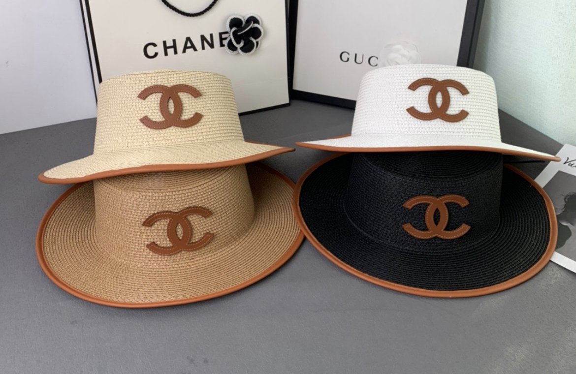 Chanel straw hat cc brim leather trim