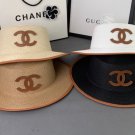 Chanel straw hat cc brim leather trim