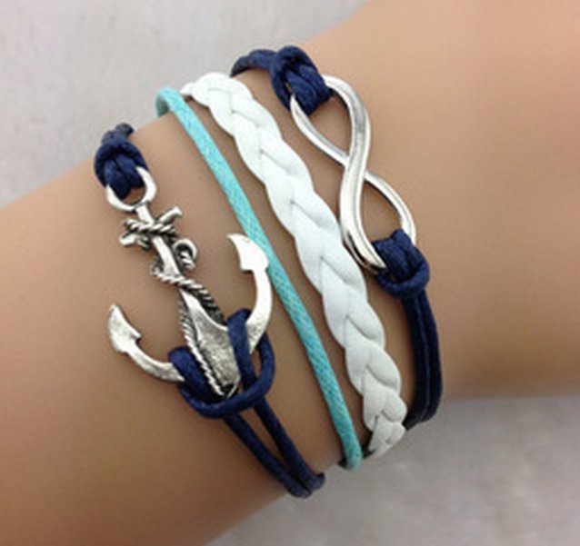Free shipping Infinity&Anchor Antique Silver Bracelet-Wax Cords Leather Bracelet