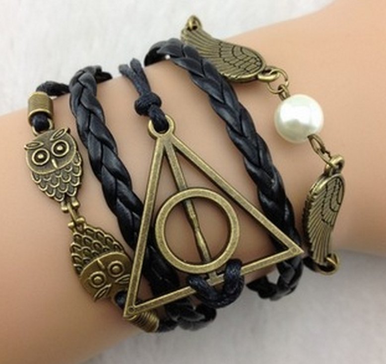 free shipping owl Wings & Deathly Hallows Charm Bracelet - Harry Potter Inspired Bracelets