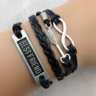 Free shipping Arrow & Infinity Charm bracelet--Antique Silver,Wax Cords Leather Bracelet