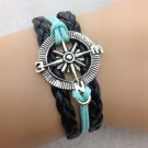 Free Shipping Charm Antique Silver Compass Black and Brown Leather Bracelet
