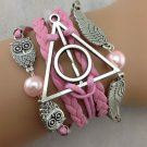 Free Shipping Owls & Deathly Hallows Leather Braided Charm Bracelet