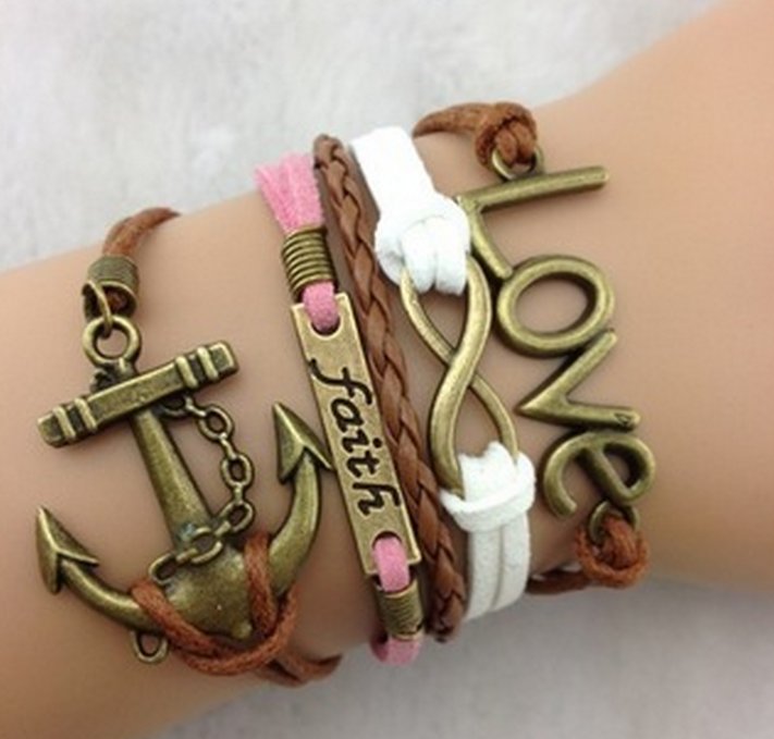 Free Shipping Love, Infinity, Faith & Anchor Charm Bracelet