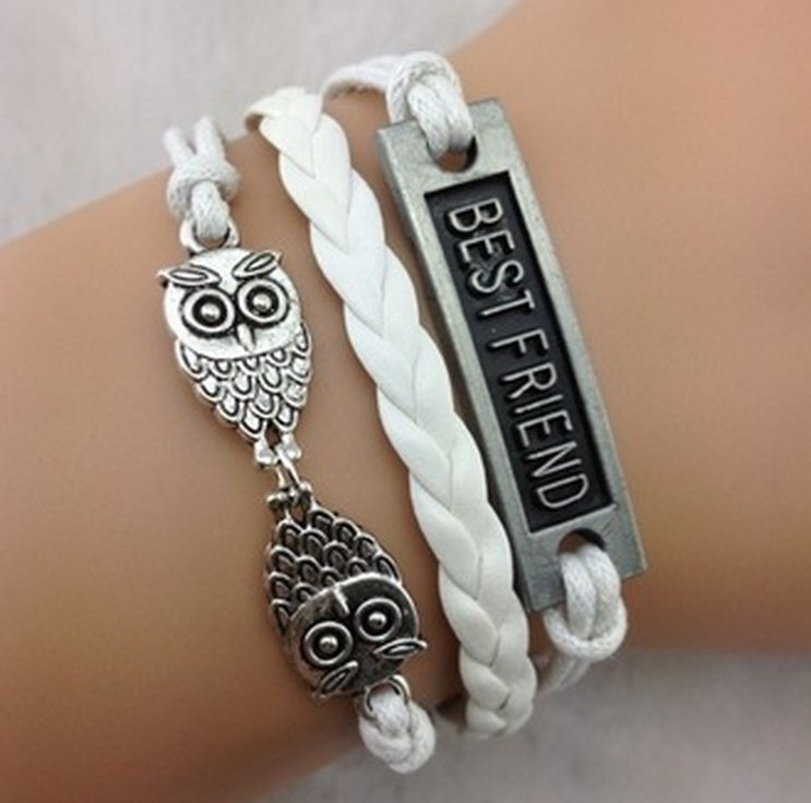Free Shipping Best friend And Owl Wax Cords Leather Bracelet