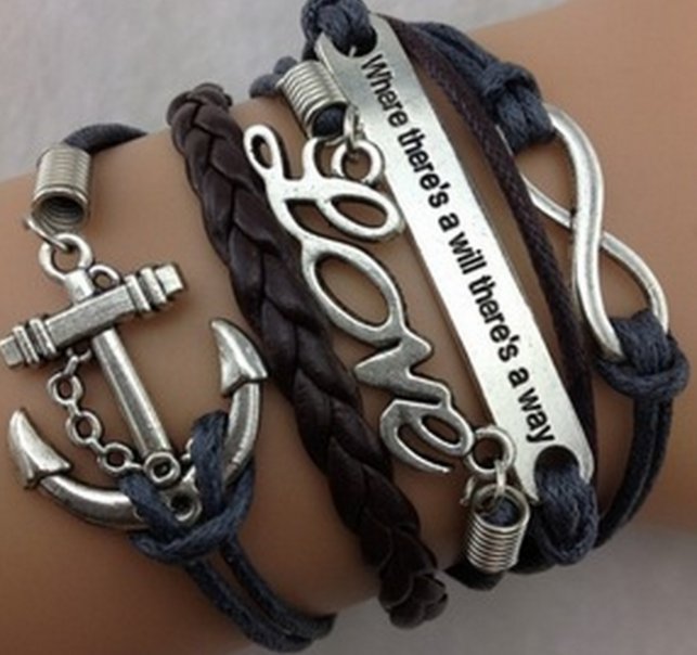 Free Shipping Love & Anchor Wax Cords Leather Braid Bracelet