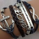 Free Shipping Love & Anchor Wax Cords Leather Braid Bracelet