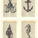 Upcycled Vintage Dictionary Book Page Wall Art Prints - Sea Nautical