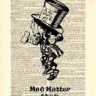 Upcycled Vintage Dictionary Book Wall Art Print - Alice in Wonderland Mad Hatter