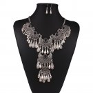 Antique Silver Vintage Black Crystal Gypsy Indian Tassel Chandelier Bib Statement Drop Necklace Set